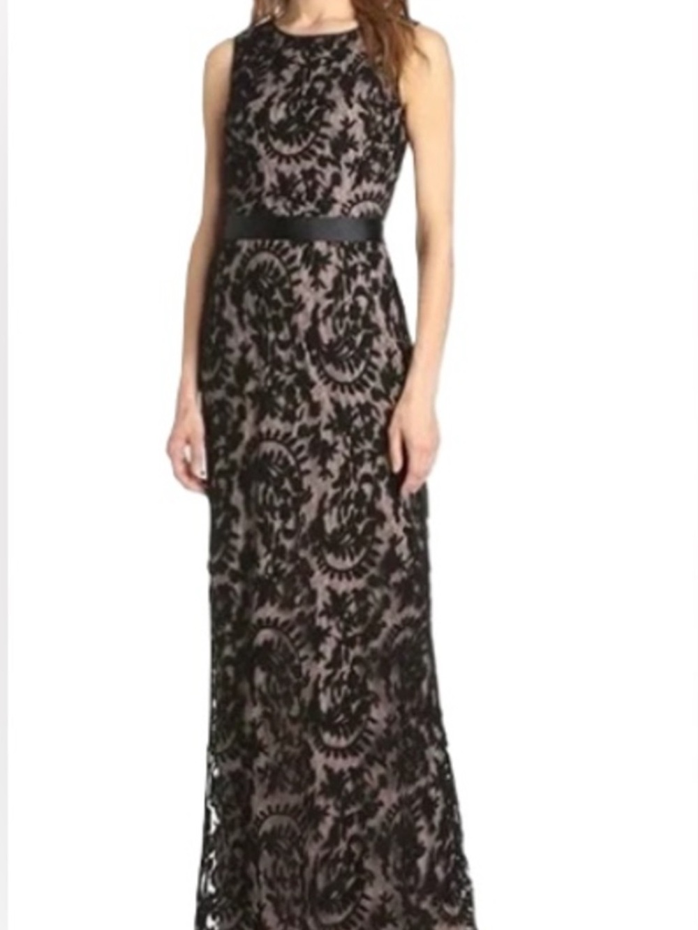 Adrianna Papell Black Lace Maxi Dress with Nude Underlay mermaid dress